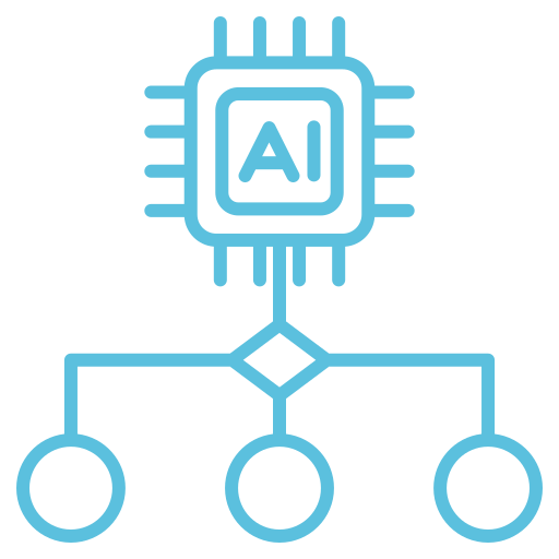 Blue line drawing of a microchip labeled "AI" connected to a simple decision tree with three branches, representing artificial intelligence and machine learning concepts.
