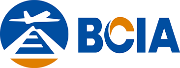 Logo for BCIA featuring a stylized airplane taking off over a runway, with the letters "BCIA" to the right, some letters partially filled in orange.