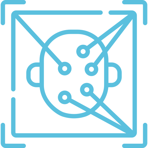 Blue outlined icon of a robotic face with nodes and lines, surrounded by a square frame, suggesting artificial intelligence or facial recognition technology.