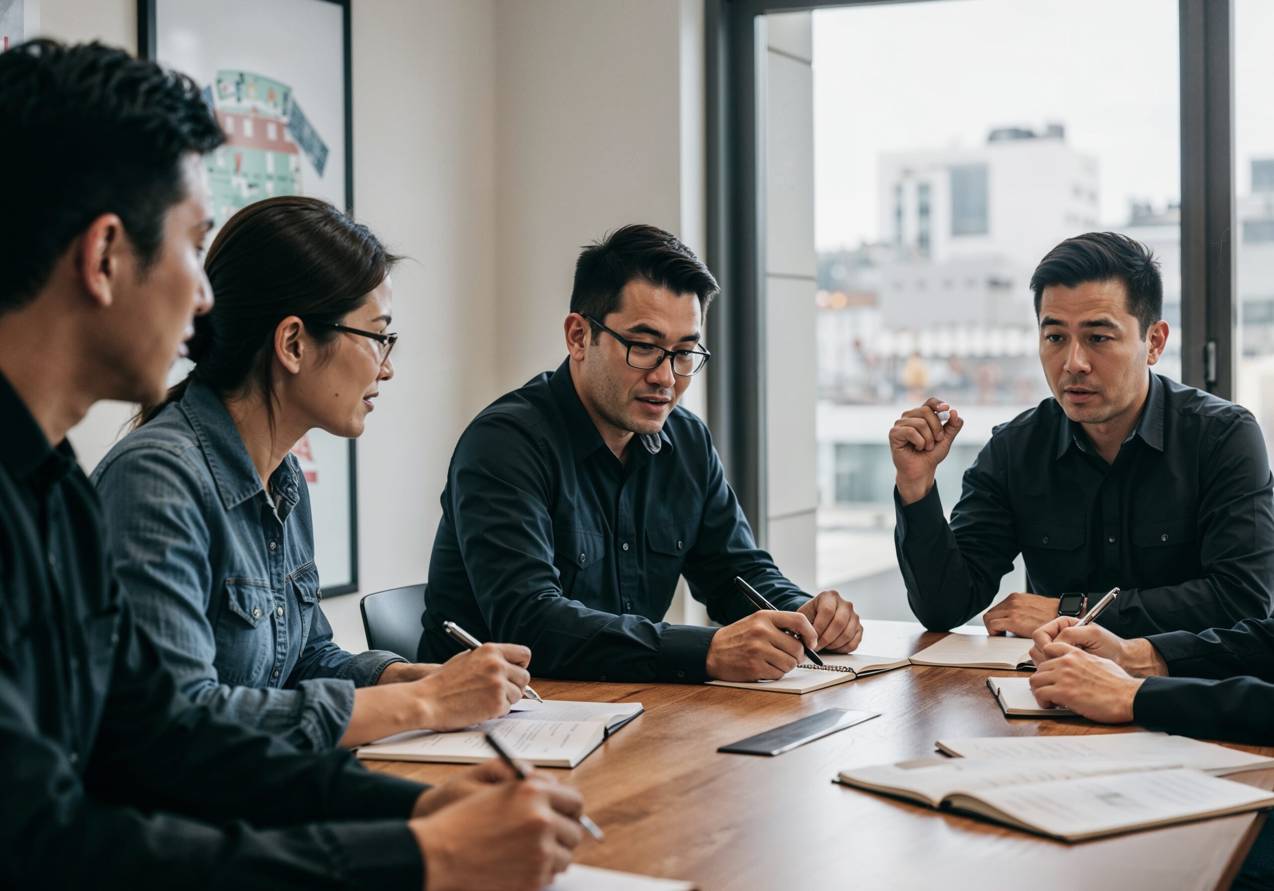 Five people sit around a table in an office, engaged in discussion with notebooks and pens, appearing to be in a business meeting.