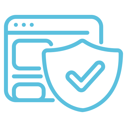 Blue line icon of a web browser with a shield and check mark, representing online security or website protection.