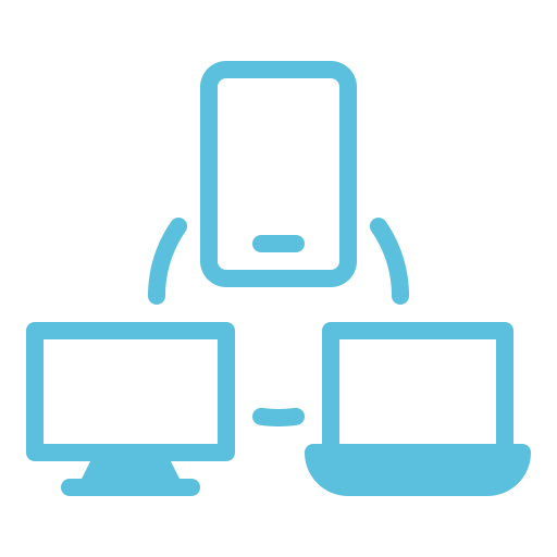 Blue icons of a desktop computer, a laptop, and a smartphone are connected by curved lines, representing device connectivity or synchronization.