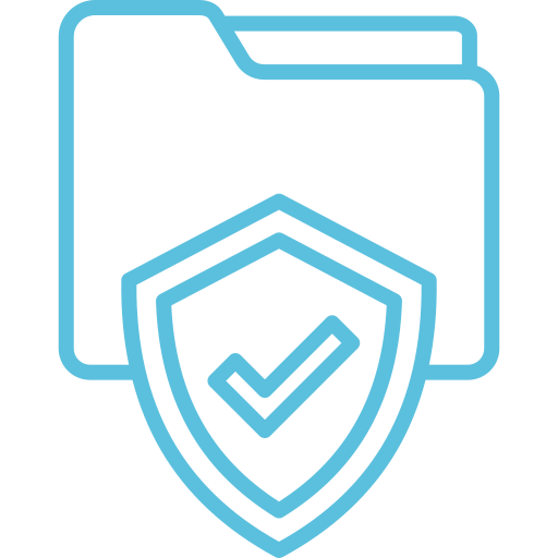Blue outline of a file folder with a shield and check mark in front, symbolizing data protection, security, or secure file storage.
