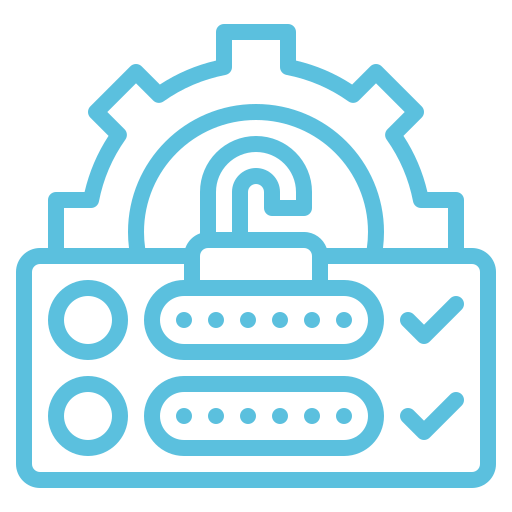 Blue icon of a gear and an open padlock above two server racks, each with a check mark beside it, symbolizing secure or authorized access.