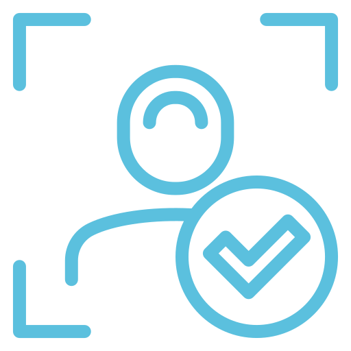Blue icon of a user outline centered in a frame with a check mark inside a circle overlapping the bottom right corner, on a light gray background.