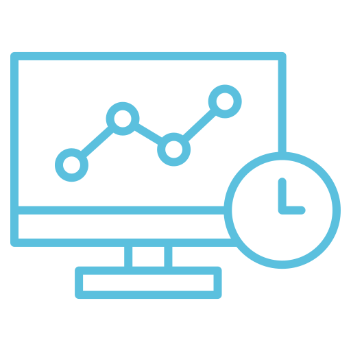 A computer monitor displaying a line graph with data points, next to a clock icon, representing real-time data analysis or monitoring.