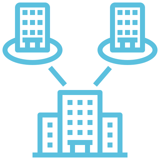 Three stylized buildings are connected by lines, with one building at the bottom linking to two buildings above, representing a network or organizational structure.