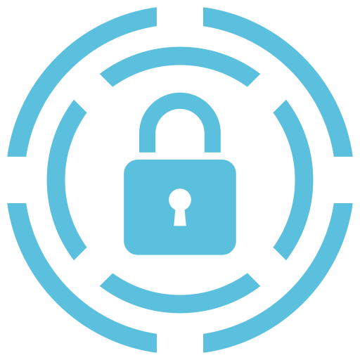 A blue padlock icon is centered within a series of concentric, segmented blue circles on a light gray background.