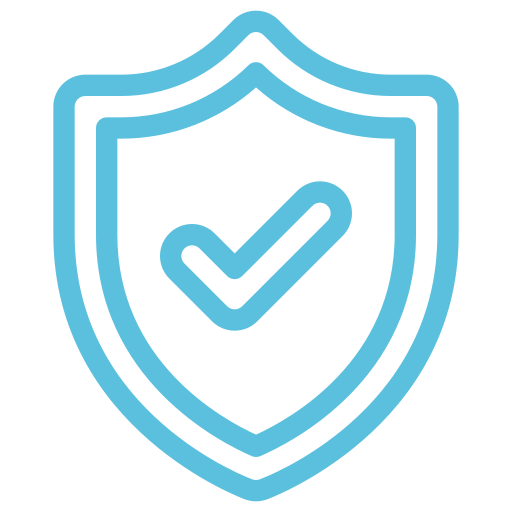 A blue shield outline with a check mark inside, symbolizing security or protection, on a light gray background.