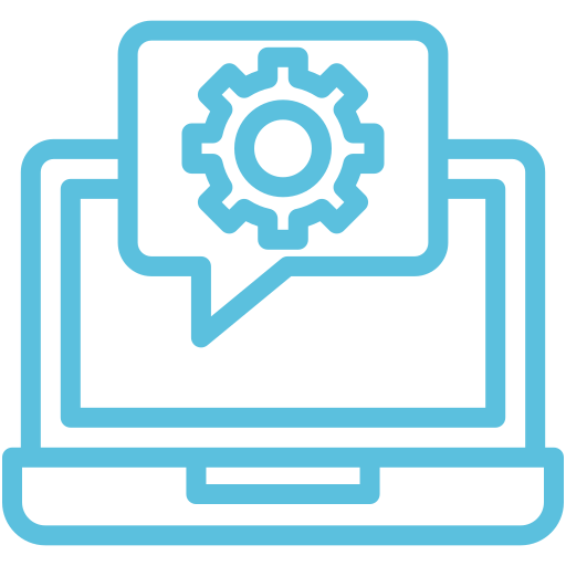 Blue line drawing of a laptop with a speech bubble containing a gear icon, representing computer settings, configuration, or technical support.