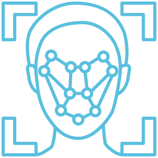 Outline of a human head with facial recognition markers and four corner brackets, indicating facial recognition technology.