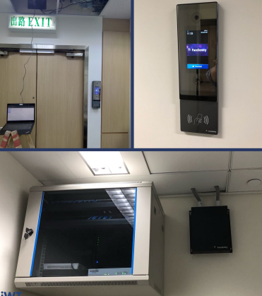 Three images show an exit door with an electronic device, a touchscreen access control panel, and a wall-mounted network cabinet with equipment.