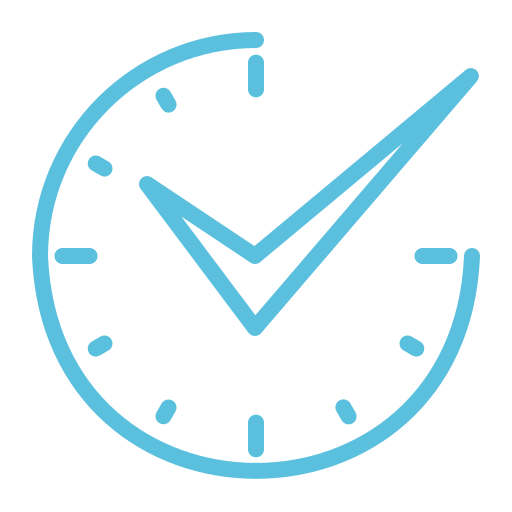 Blue outline of a clock with minimalist tick marks and a check mark incorporated into the clock's hands, set against a light gray background.