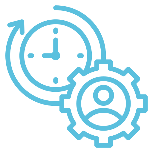 Blue outline icons of a clock with a circular arrow and a gear with a person symbol inside, representing time management or productivity.