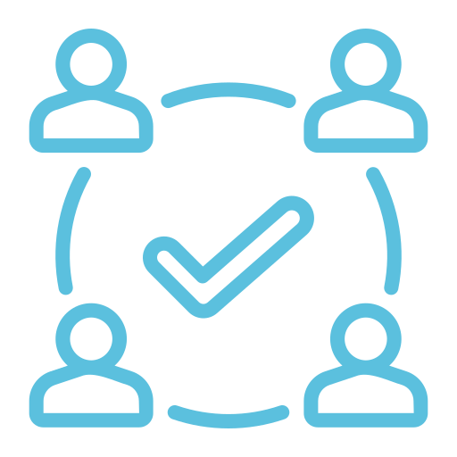 Blue outline icons of four people form a circle around a checkmark, connected by curved lines, representing teamwork, collaboration, or consensus.